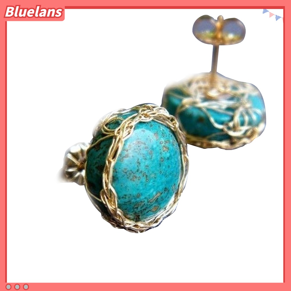 Anting Stud Bentuk Bulat Turquoise Imitasi Gaya Vintage Untuk Wanita