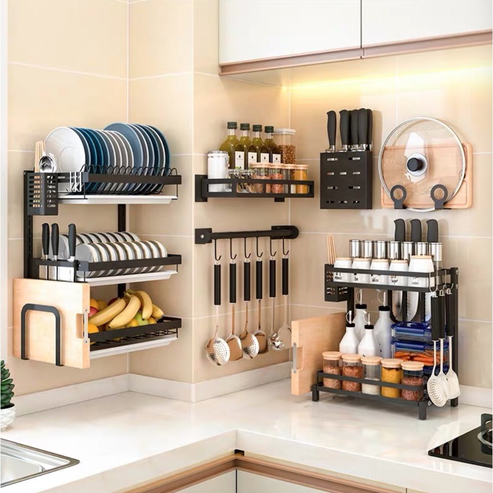Kitchen Rack Wall Mounted Dish Drainer Rack Spice Rack Storage Rak Pinggan Knife Holder Shopee Indonesia