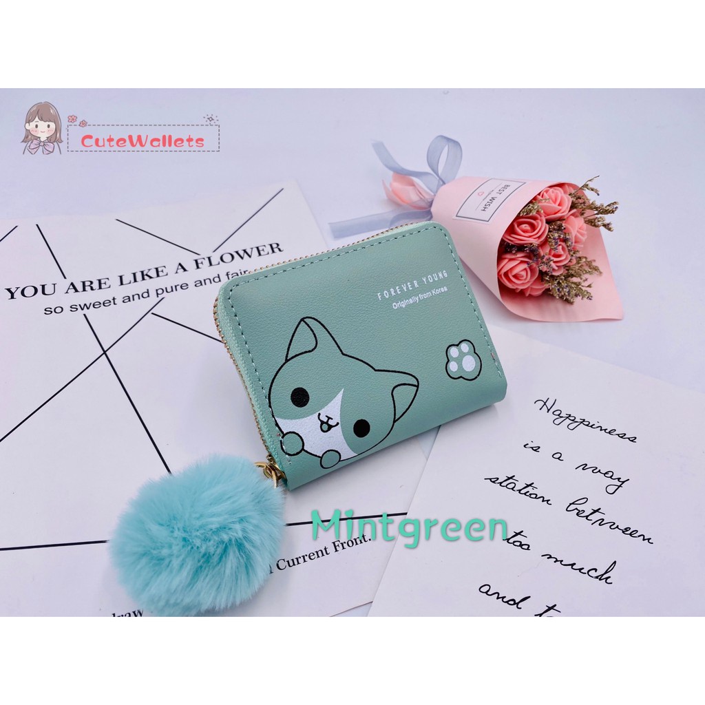 ( GS ) DOMPET WANITA / DOMPET LIPAT PENDEK WANITA MOTIF TUXEDO CAT FREE POMPOM