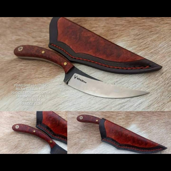 Pisau Seset Kulit - Golok Pisau Seset Full Tanx Baja Bohler K110 Handle Burl Amboyna Sarun -
