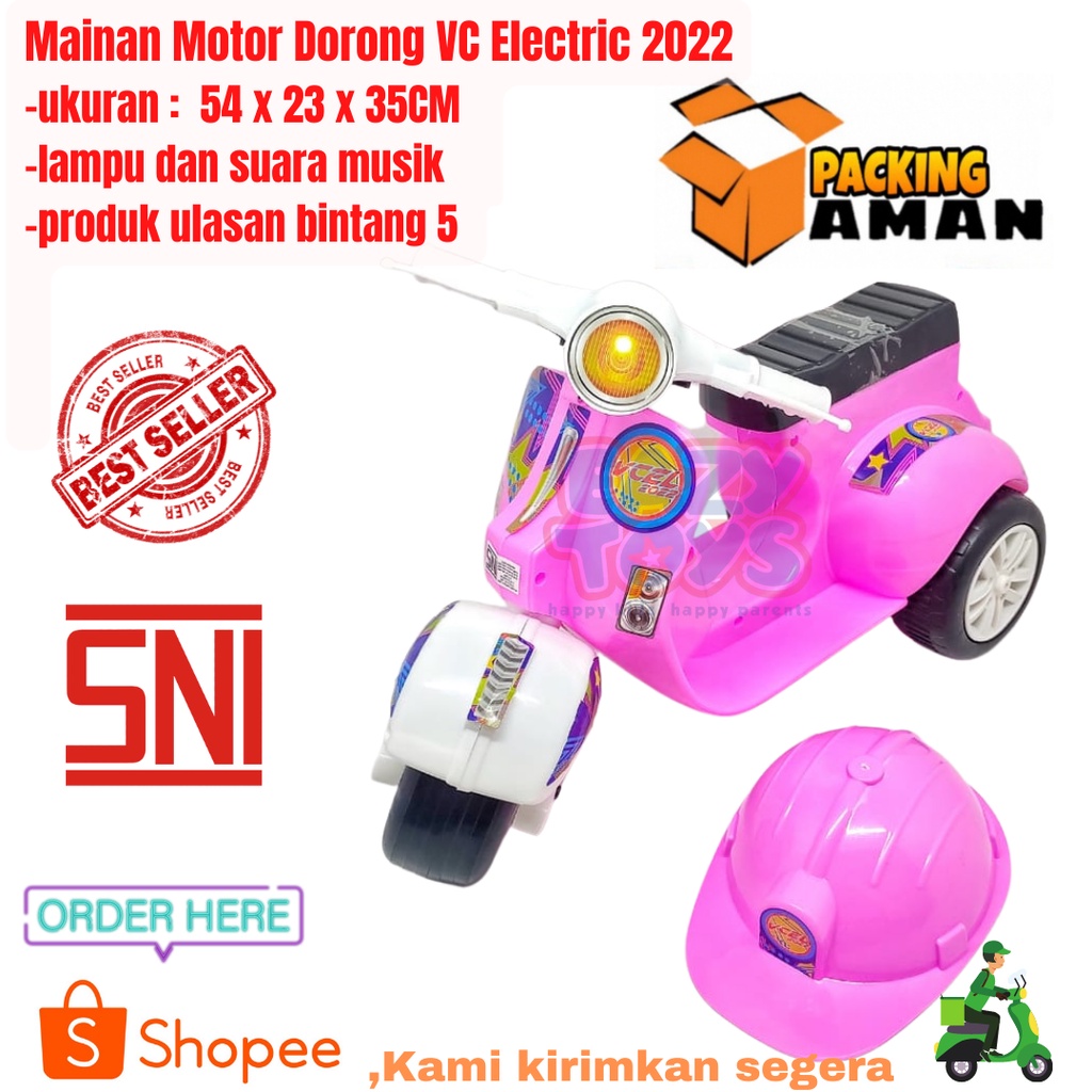 Mainan Motor Anak Dorong Ride On Vespa Mini VC EL 2022 Fitur Lampu Suara Plus Helm