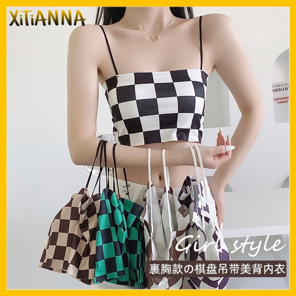 XT Tank Top Dalaman Wanita Atasan Crop Top Rajut Korea Motif Kotak Catur Checker Plaid hoho BRA29