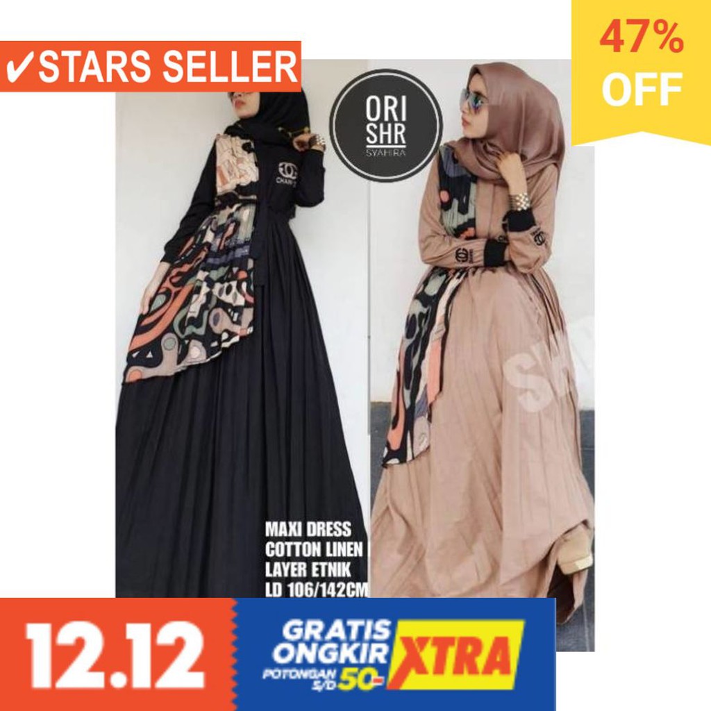 BAJU MUSLIM TERKINI TERBARU WANITA MURAH CEWE ASLI / " NEW " GAMIS LAYER ETNIK SHR ORI 100%
