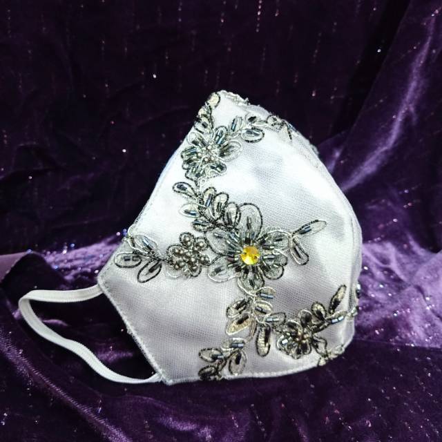 Masker Kain Tile Warna Abu-abu Payet Hitam Kombinasi/Masker Fashion Bunga 3 Lapis / Masker Pesta