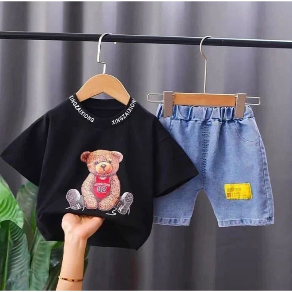 PROMO-SETELAN ANAK BAJU ANAK PAKAIAN ANAK KAOS DENIM SETELAN BEAR BASKET 1-5 TAHUN