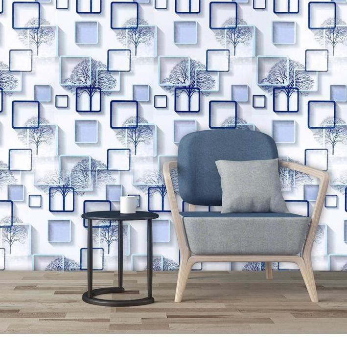 ➝qw Wallpaper Dinding Kamar Tidur Ruang Tamu 3D POHON KOTAK BIRU Walpaper Stiker Dekorasi Rumah Mura