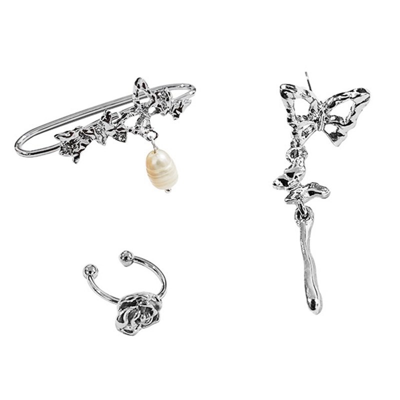 3pcs / Set Anting Stud Desain Kupu-Kupu Mutiara Warna Silver Gaya Vintage Korea Untuk Wanita