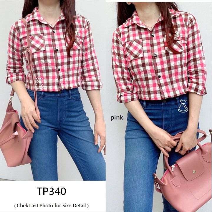 TP340 - ATASAN KEMEJA FLANEL WANITA CROP TOP KOREAN IMPORT