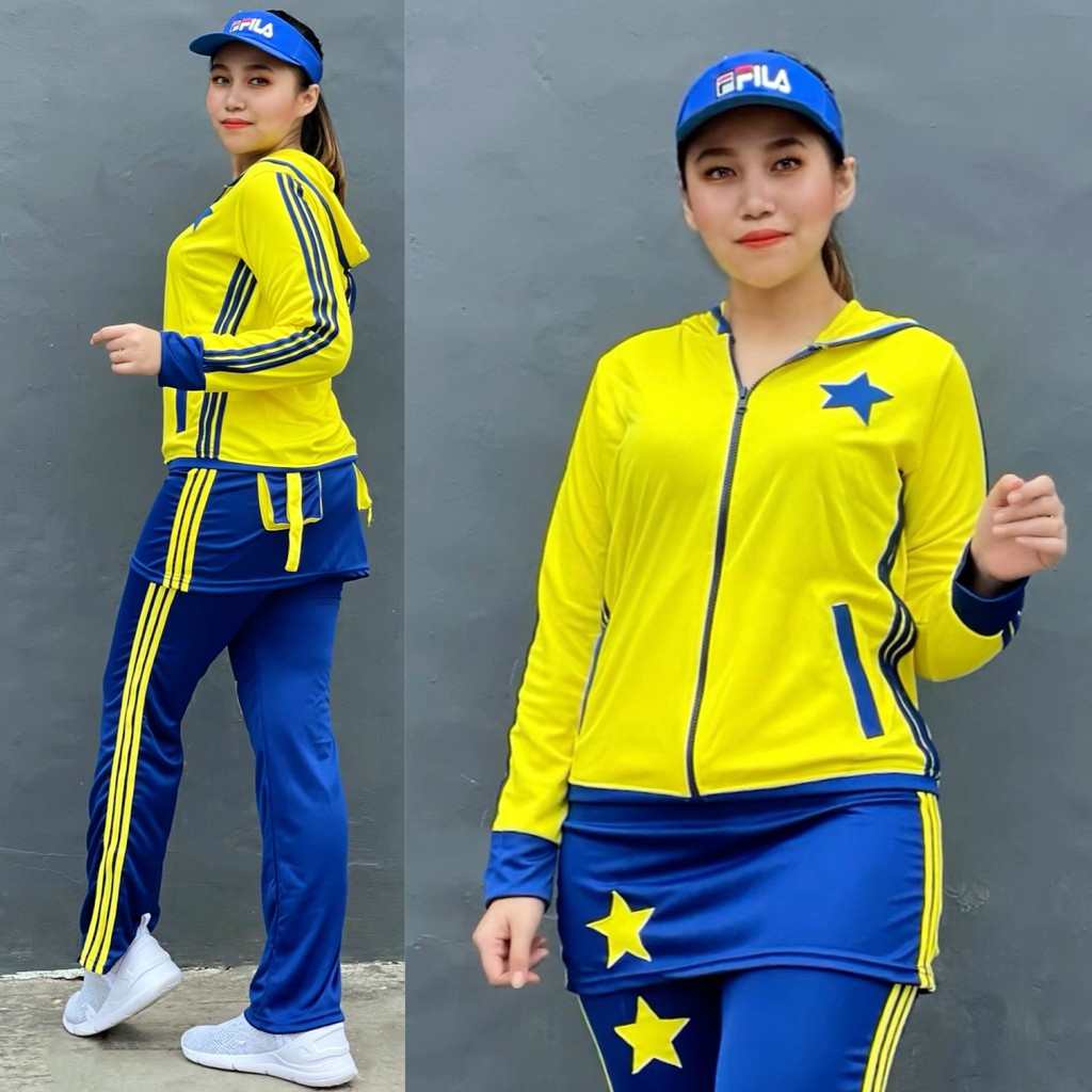 Baju Senam Aerobic Zumba Gym Fitness Jogging Cycling Olahraga Panjang Muslim Rok Bintang Kuning Biru