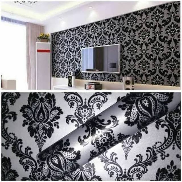  Walpaper  dinding  motif batik hitam ukuran 10mx45cm 