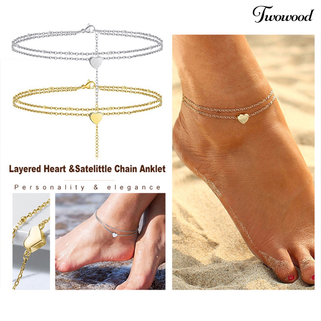 Gelang Kaki Rantai Double Layer Adjustable Portable Bentuk Hati Untuk Wanita