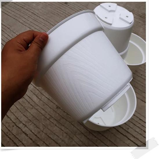 【TGP】 Pot Bunga 20cm Putih Motif SERAT KAYU / POLOS - Pot Plastik 20 Cm PUTIH Bibit Bunga Putih