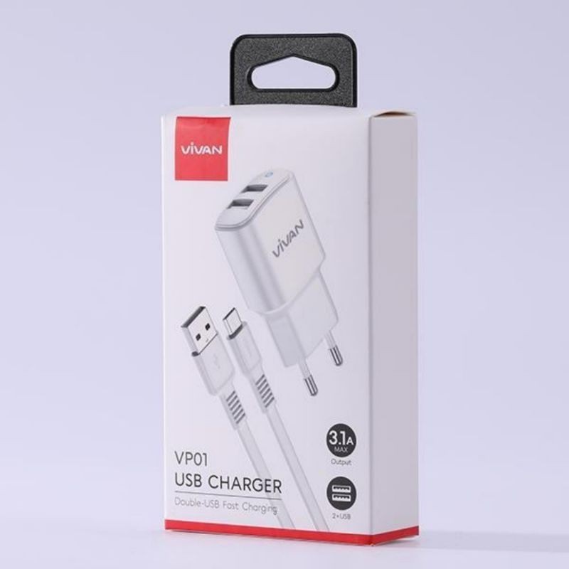 Vivan VP01 3.1A Dual USB Charger with Micro USB Cable