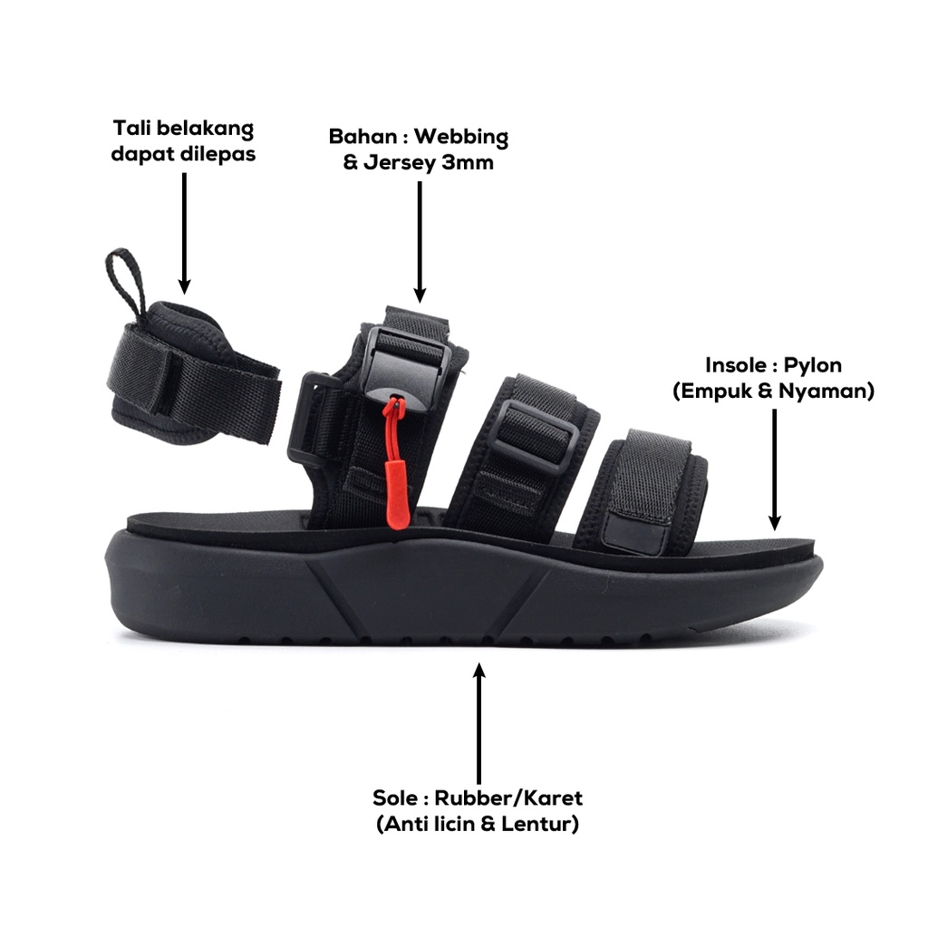 MINOS FULL BLACK ORIGINAL x GREATA Sandal Casual Hitam Pria Sendal Gunung Kasual Jalan Santai Harian Main Hangout Lebaran Fashion Distro Remaja Traveling Outdoor Premium Travelling Footwear Tali 3 Strap Big Size Jumbo Ukuran Besar 44 Keren Terbaru Branded