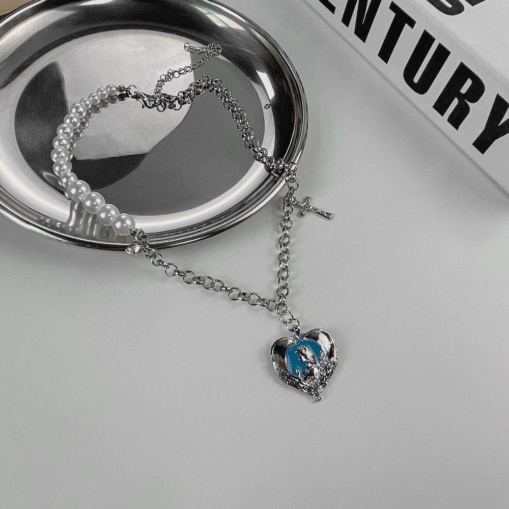 Mxbeauty Cinta Hati Mutiara Choker Hip Pop Goth Klavikula Rantai Splicing Fashion Perhiasan Gaya Korea Kalung