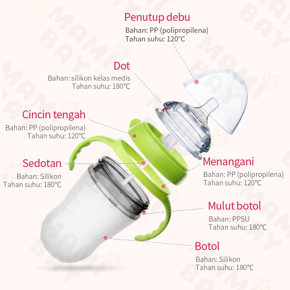 Mamibayi Botol susu silikon piko bello/Botol bayi dengan pegangan/ Baby bottle wide necke