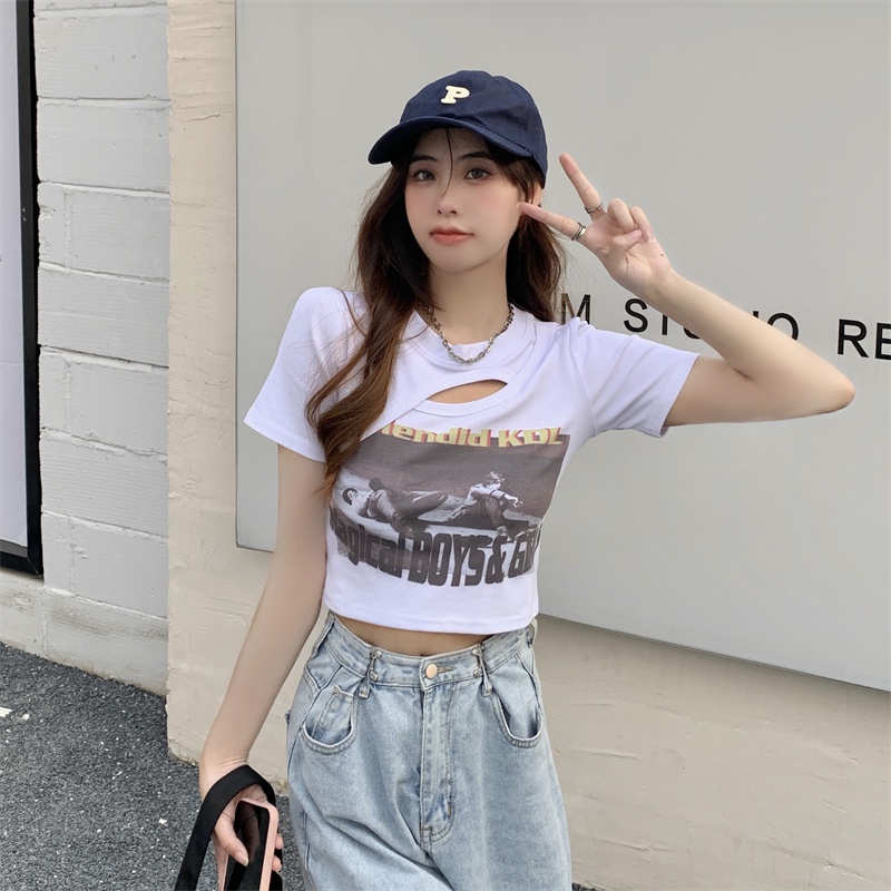 Musim panas wanita Korea baru crop top printing kaos lengan pendek berongga seksi kreatif