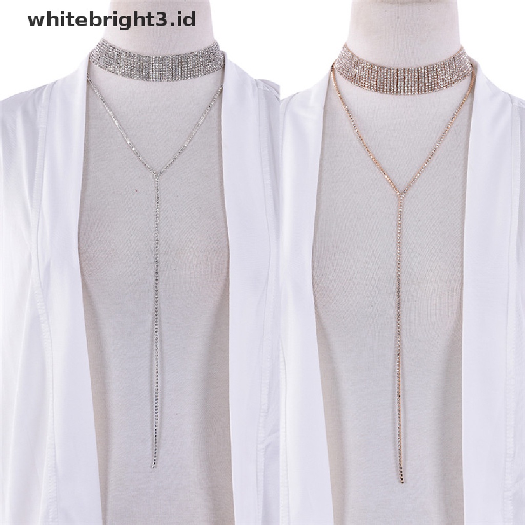 (whitebright3.id) Kalung Choker Rantai Dengan Liontin Berlian Imitasi Untuk Wanita