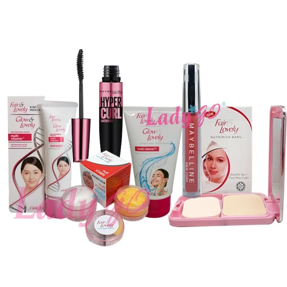 PAKET 4IN1 FAIR &amp; LOVELY PLUS BEDAK FAIR &amp; LOVELY-MASKARA-LIP GLOSS KACA PANJANG LIP CREAM KACA