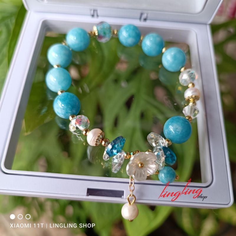 Gelang batu kristal bunga, gelang batu kristal korea free box, gelang batu kristal mix titanium