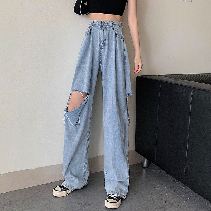 Ripped celana jeans high waist wanita kulot Korea style loose kasual celana lebar pants