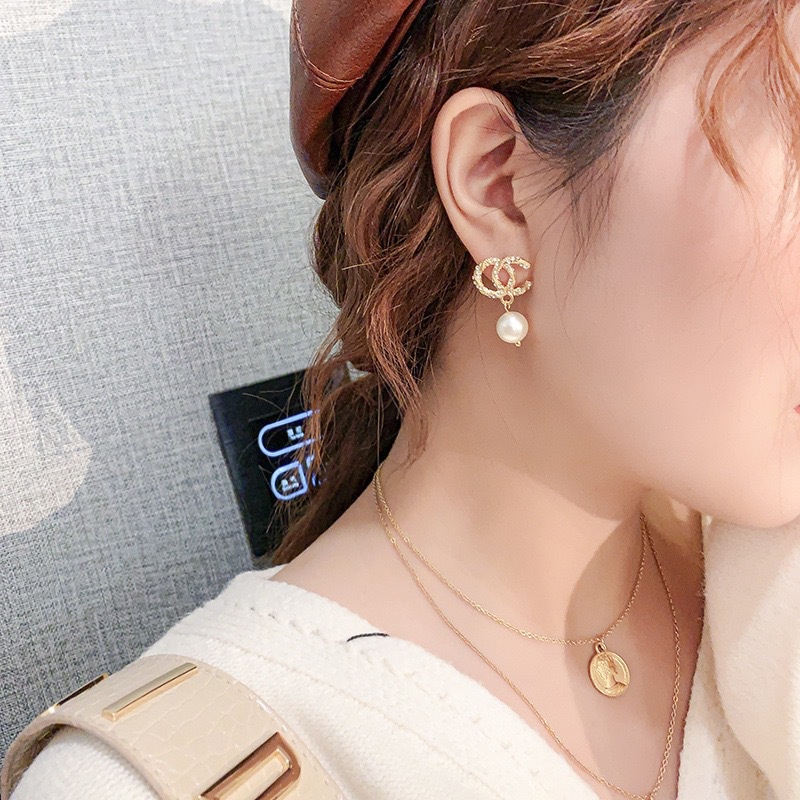 Anting Tusuk silver S925 Desain Huruf C Ganda Hias Mutiara Untuk Wanita