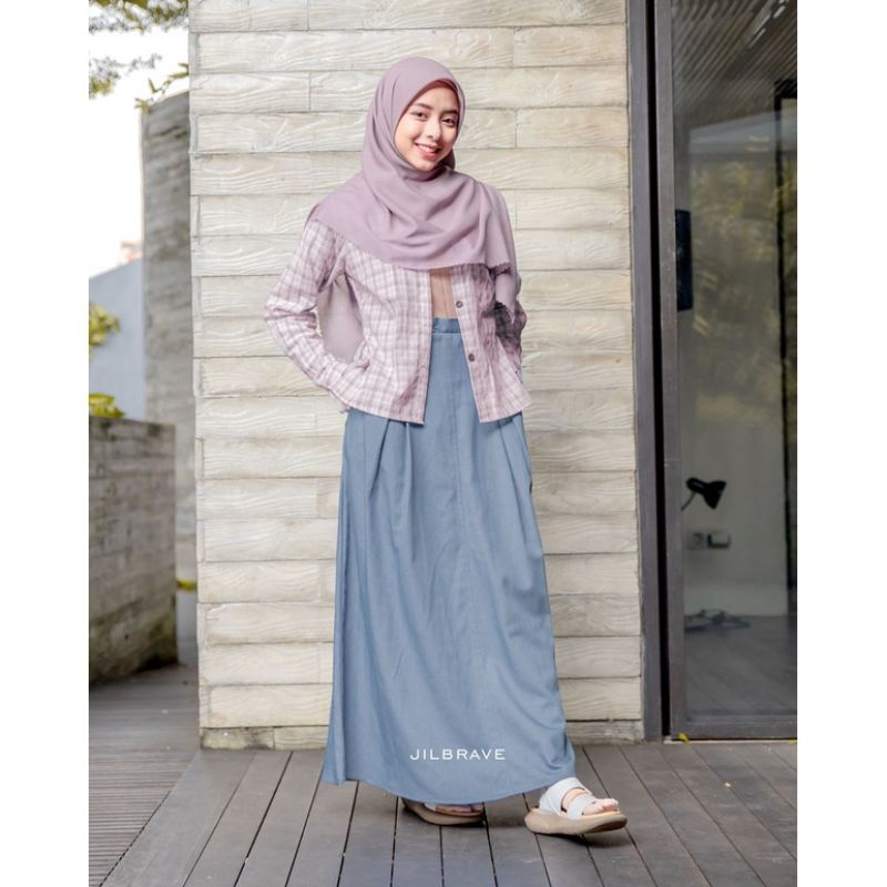 JILBRAVE Sefa Dress Perpaduan Kemeja kotak-kotak & Rok Denim