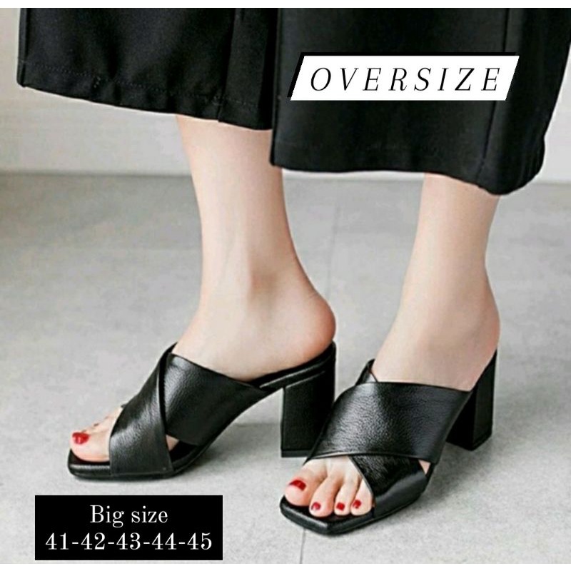 Sepatu Heels Kulit Big Size 41-45 / Slop Oversize Semi Formal Kulit Kantoran Hak 7cm Pesta Premium Hak Tahu Ukuran JUMBO Besar Hitam,45