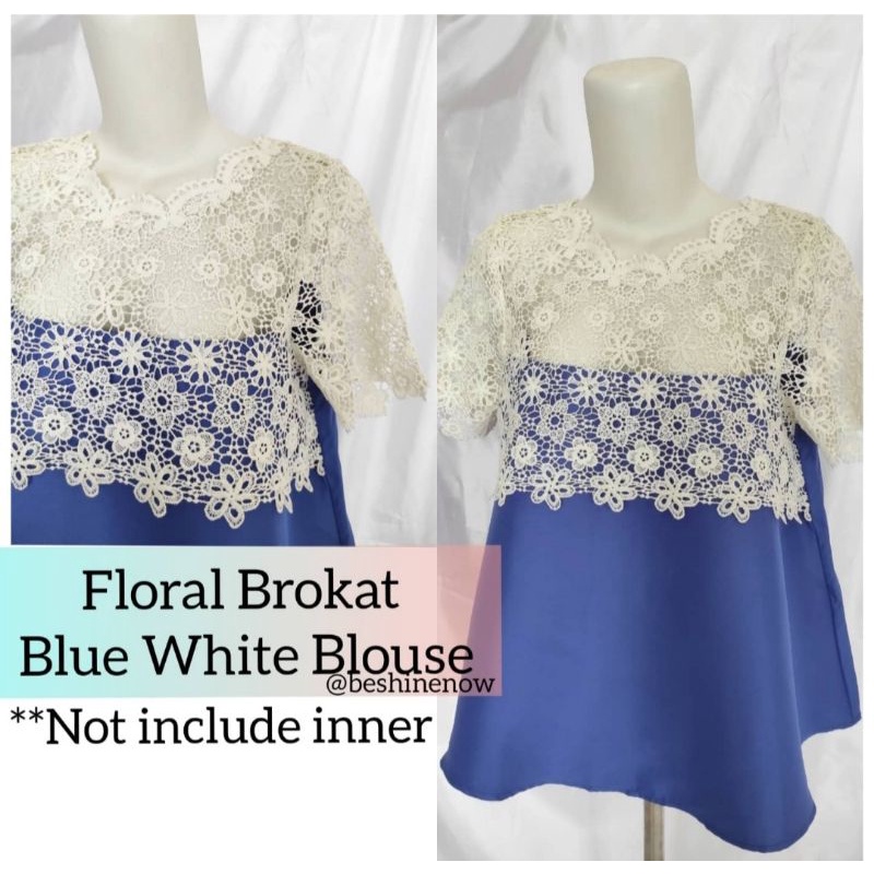 Floral Brokat Blue White Blouse / Atasan Blus Biru Putih Wanita