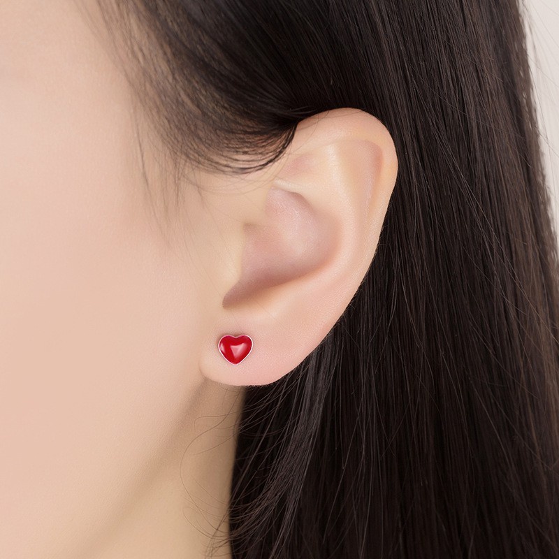 925 Perak Lucu Anting-Anting Anting-Anting Gaya Korea Gadis Krisan Hitam Kristal Merah Hati Bentuk Fashion Ornamen