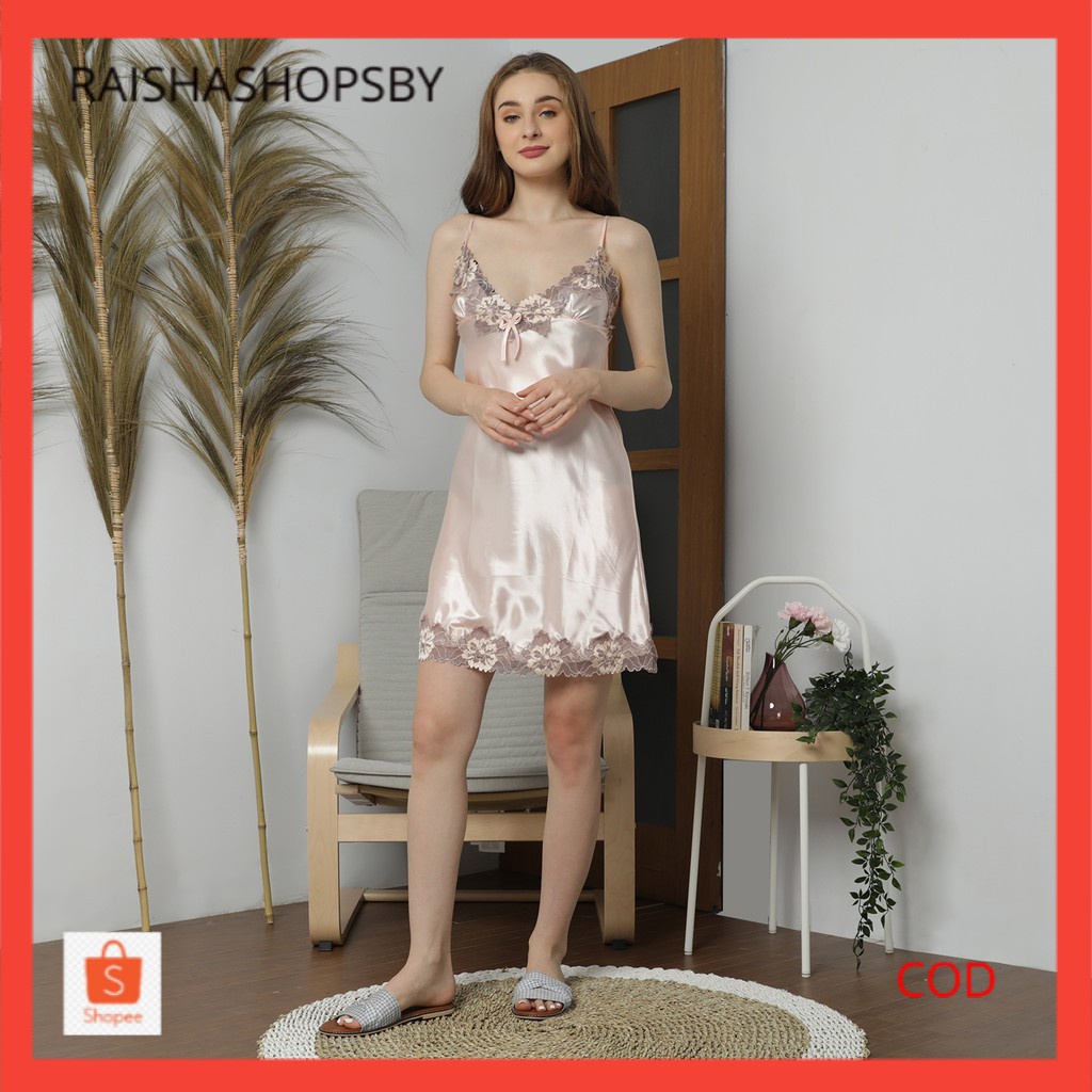 Daster Tidur Sexy Bahan Satin Model Brukat Tali Kecil YJ12B