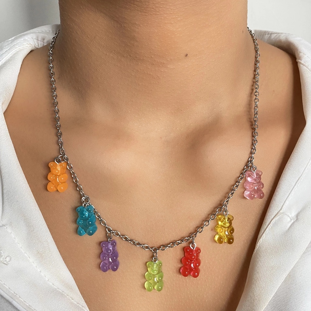 Kalung Rantai Choker Hias Liontin Beruang Gummy Warna Permen Gaya Korea Untuk Perempuan