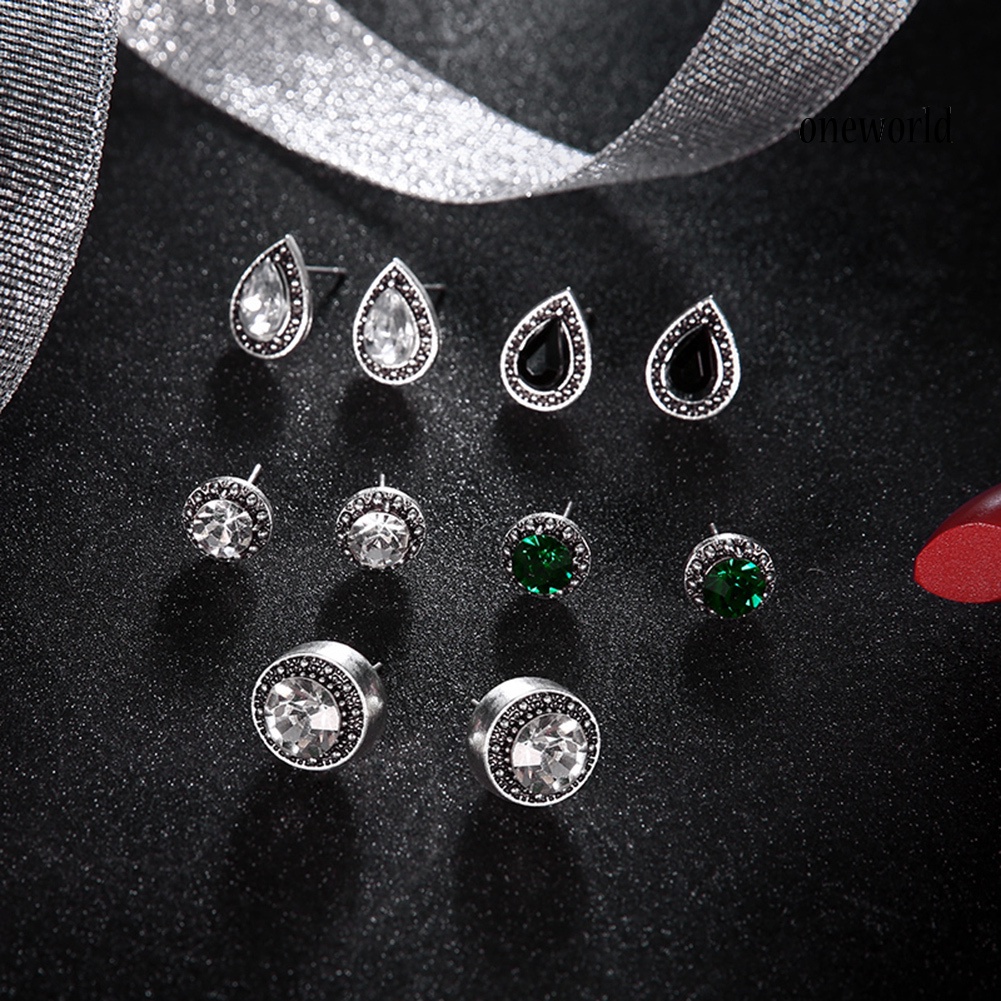 OW@ 5 Pairs Round Waterdrop Shape Ear Studs Set Women Retro Party Earrings Jewelry