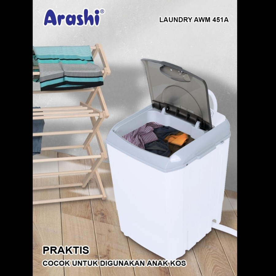 ARASHI Mesin Cuci Laundry Portable 4,5 Kg AWM 451 A - Garansi Resmi 1 Tahun