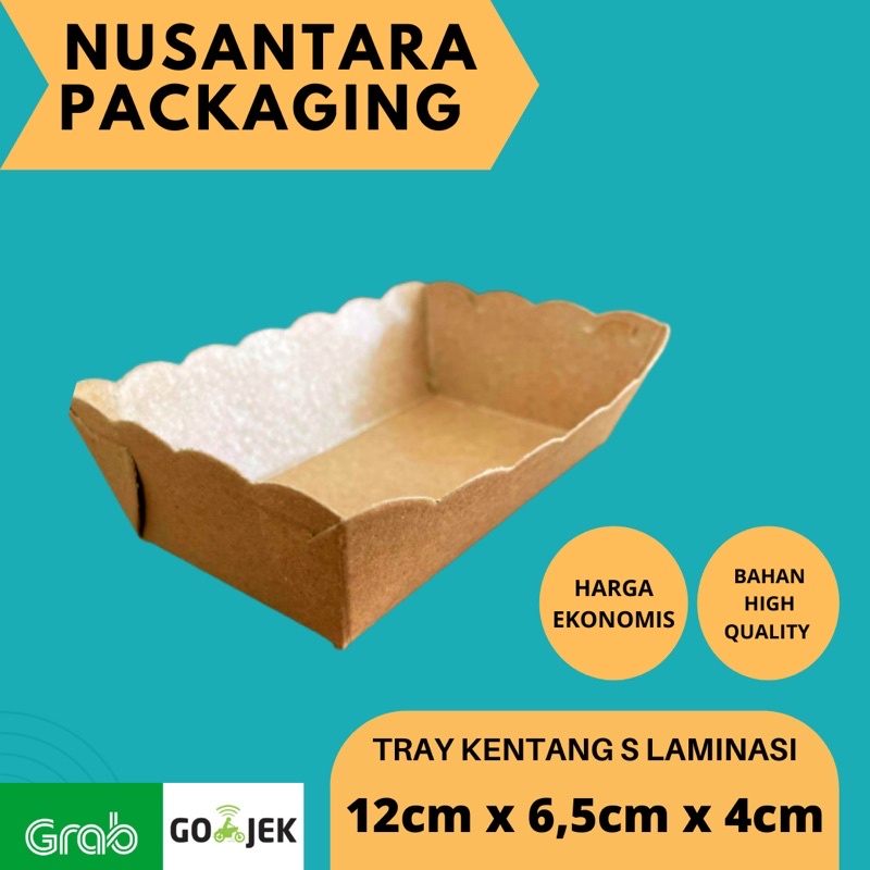 

PAPER TRAY S PANJANG / TRAY SMALL LONG KRAFT / TRAY KENTANG / PENTOL 12x6,5x4 LAMINASI