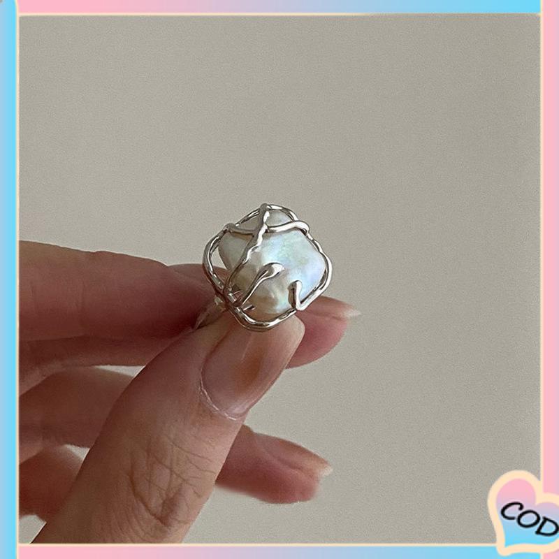 COD❤️ 2PCS Kreatif Sederhana Temperamen Pembukaan Mutiara Tidak Teratur Cincin Dapat Disesuaikan-A.one