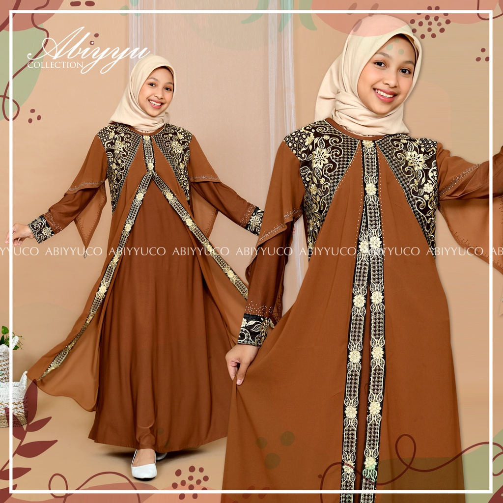 Abiyyuco TA9012A | Gamis Abaya Turkey Anak Perempuan Turki Remaja Tanggung Turkiy Couple Ibu dan Anak, ready warna hitam, maroon, hijau botol, navy, coklat, biru toska, kuning lemon, dan kuning kunyit, memakai bahan jersey dan ceruty