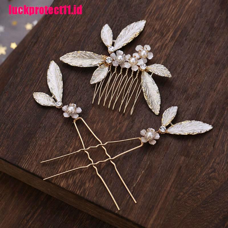 (LUCK) 3pcs / Set Jepit Rambut Model Sisir Aksen Daun + Mutiara Imitasi Untuk Pengantin Wanita