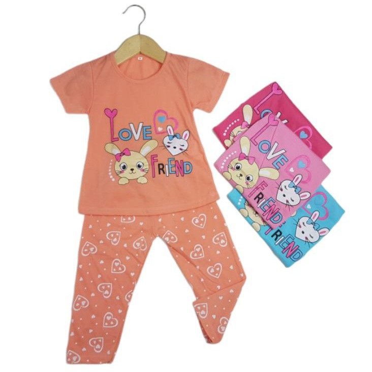 SETELAN SIKUNING PAKAIAN BAJU ANAK PEREMPUAN 2-7 TAHUN MOTIF RABBIT LOVE CELANA PANJANG LENGAN PDK