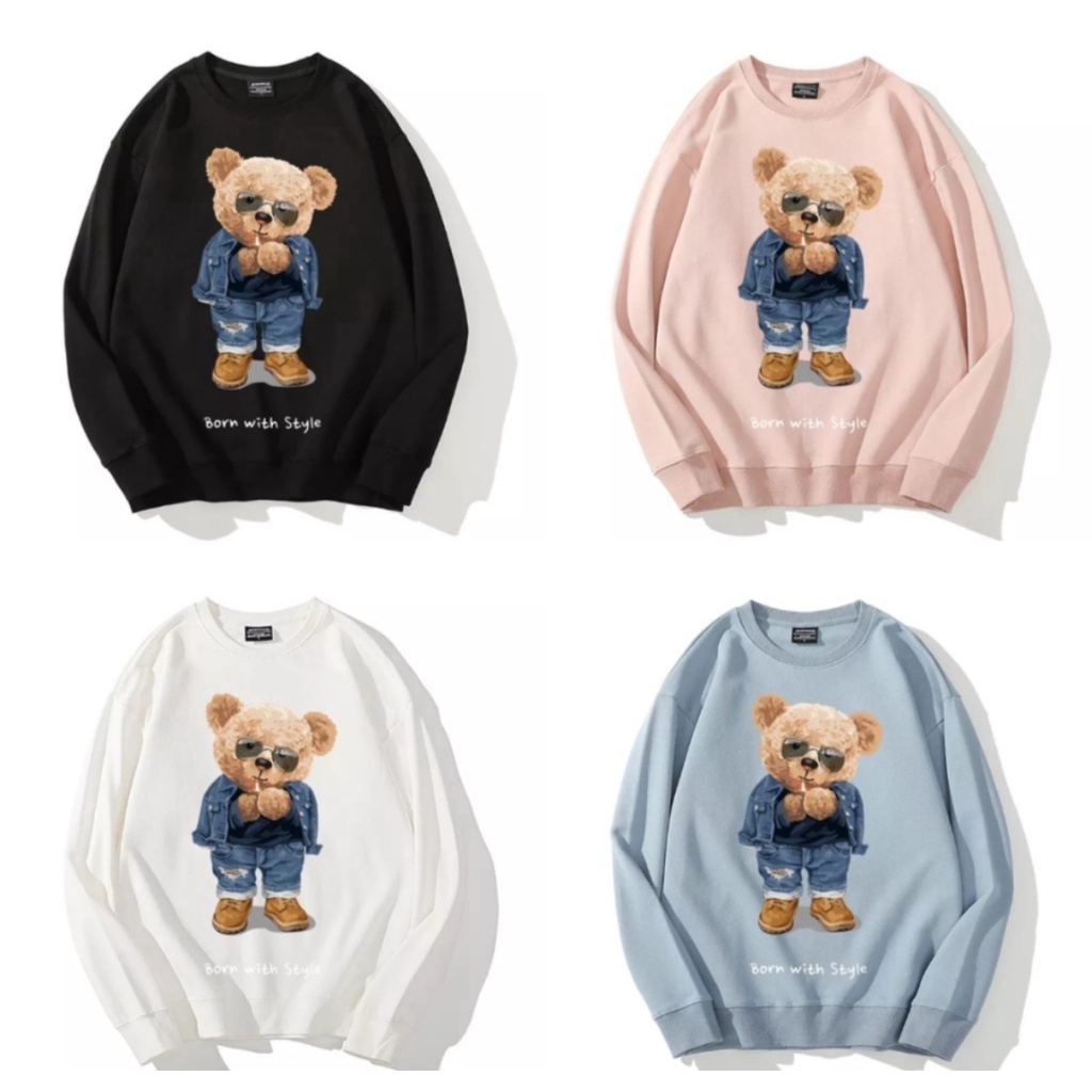 BORN WITH STYLE TEDDY BEAR SWEATER OVERSIZE CREWNECK PRIA WANITA