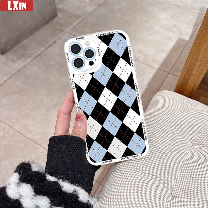 Case Pelindung Lensa Rhombic Garis Hitam Putih Biru Muda Untuk iPhone 13 13Pro Max 11 12 Pro Max 7 8 X XR XS Max 6 6s 7 8 Plus SE 2020