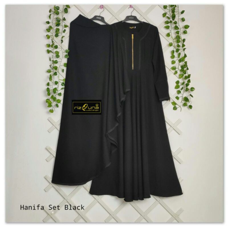 Gamis Hanifah Jet Black Rizquna Hijab size L XL