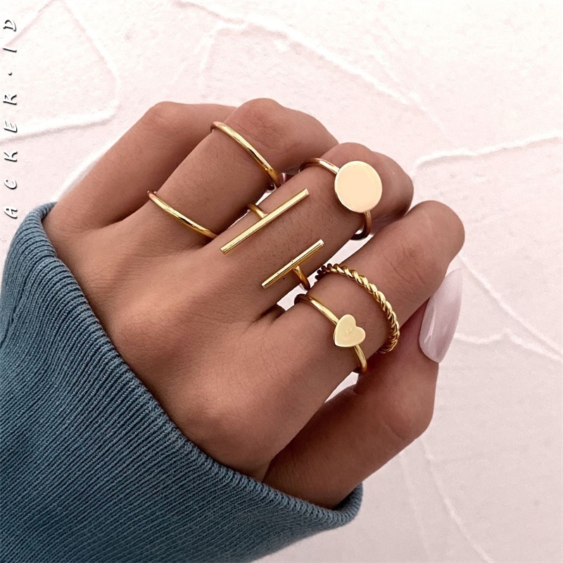 6pcs / Set Cincin Bentuk Hati Geometris Gaya Simple Untuk Wanita