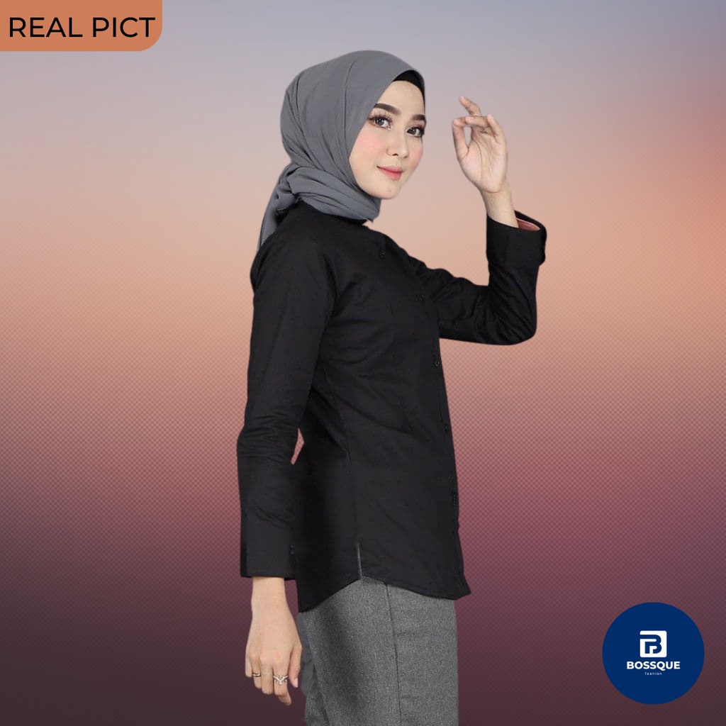 Kemeja Hitam Lengan Panjang Wanita/ Kemeja Hitam Wanita Kantor / Kemeja Hitam Formal Wanita / Kemeja Polos Hitam Wanita / Kemeja Katun Hitam Wanita / Kemeja Polos Hitam Slimfit Wanita