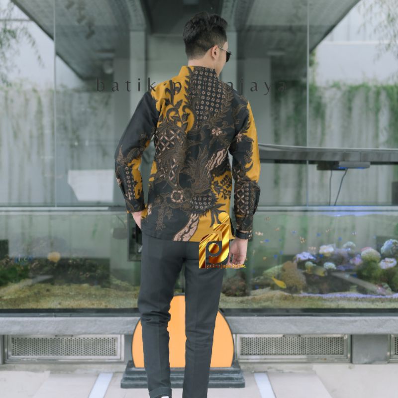 PRABUkuning Kemeja Baju Batik Pria Cowok Lengan Panjang Premium Slimfit Modern KODE P8-1