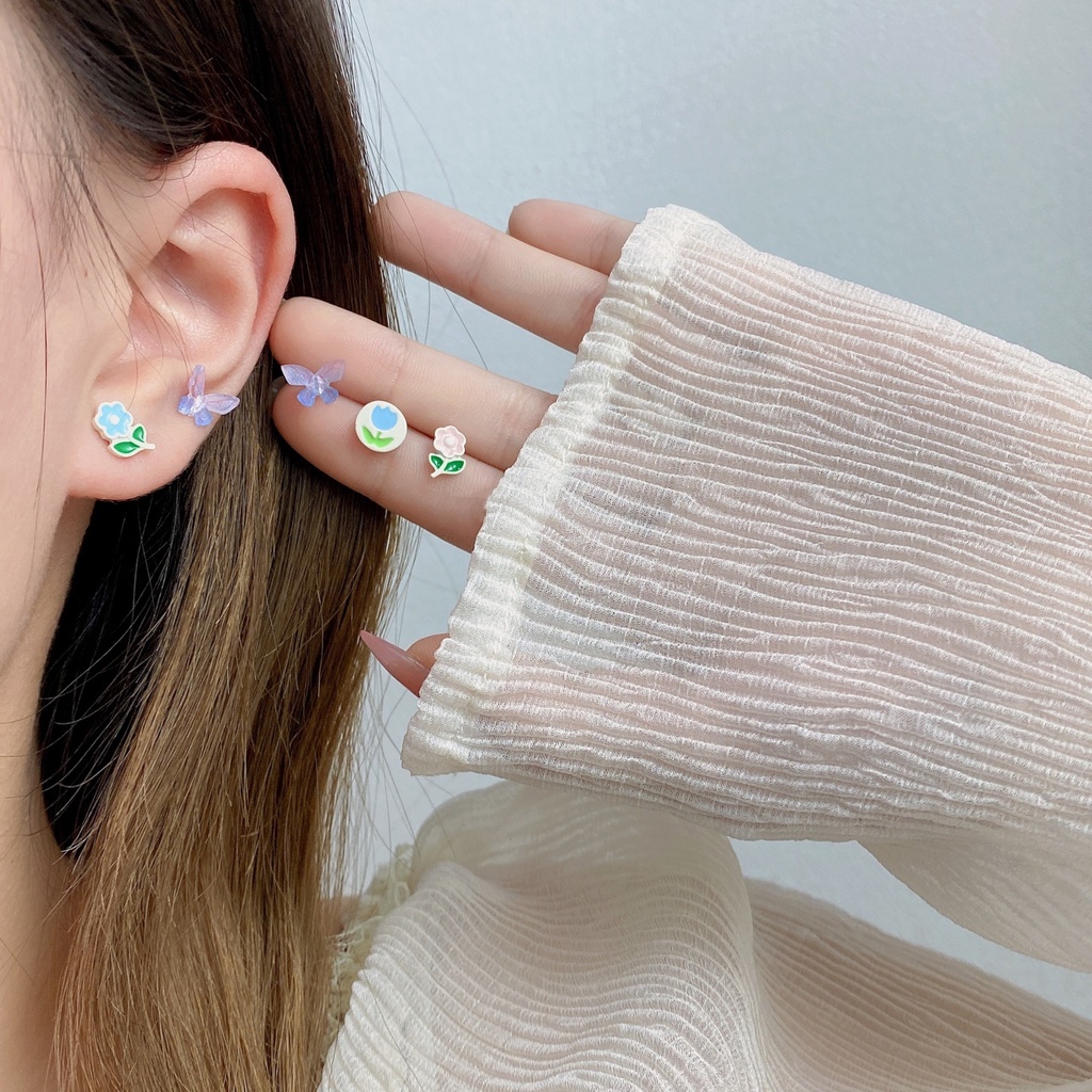 6 Pasang / Set Anting Stud Desain Bunga Tulip Kupu-Kupu Aksen Mutiara Warna-Warni Untuk Wanita