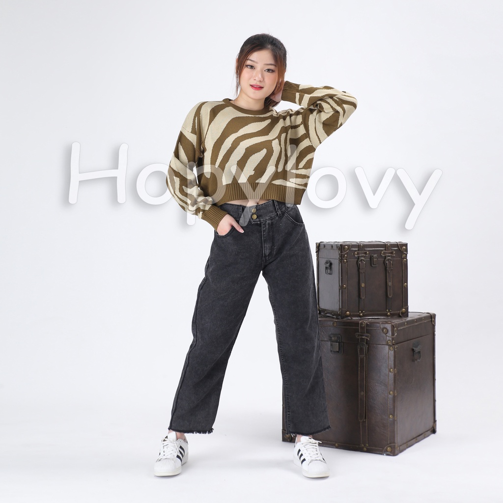 HOPYLOVY - Celana Panjang Boyfriend Jeans Wanita Highwaist Jeans Rawis Alecia