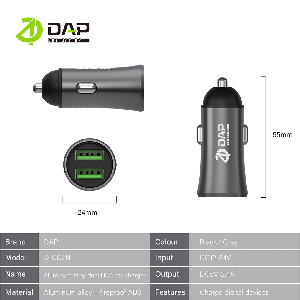 (DAP) Car Charger Colokan Mobil 2 Ports 2.4A DAP Free Kabel – MODEL D-CC2N  DAP CAR CHARGER