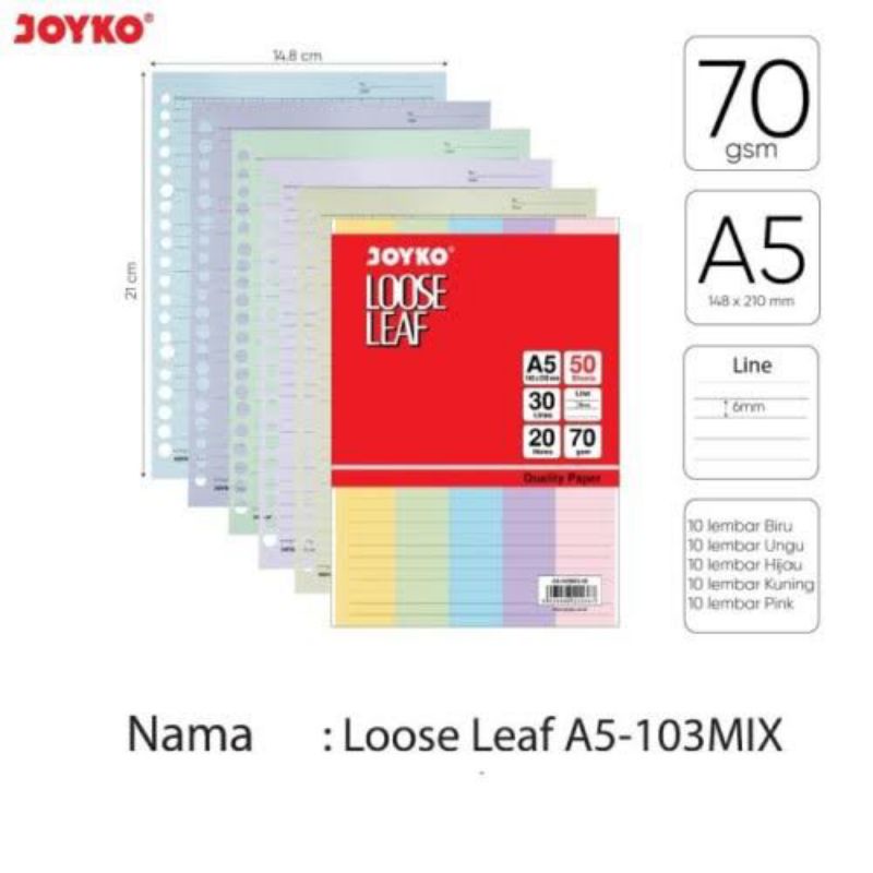 

LOOSE LEAF JOYKO A5 WARNA BERGARIS ISI 50 LEMBAR | REFILL KERTAS BINDER JOYKO A5 | GARIS | 70 gsm