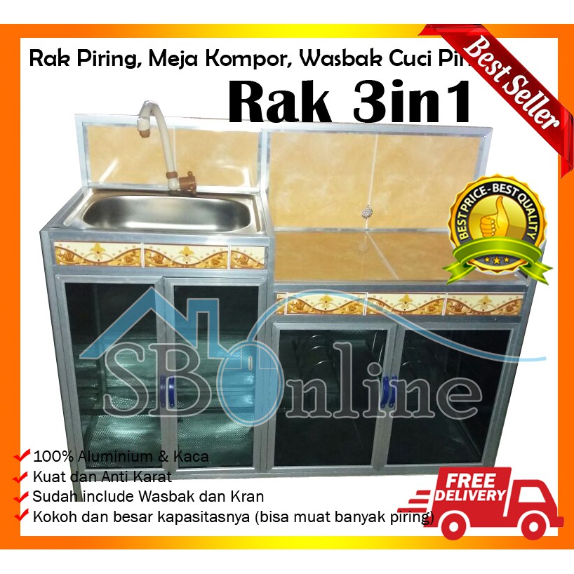 Rak Piring Keramik Aluminium Meja Kompor dan Wasbak 3 in1 Anti Tikus